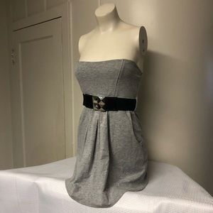 0 FLUX Strapless Long Gray Empire Waist Mini Dress Pockets Stretchy Belt Sz S